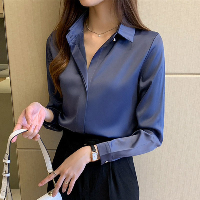 50%OFF! Women's Silk Blouse Button Long Down Shirt Plain Sleeves Casual O  Lady Tops トップス